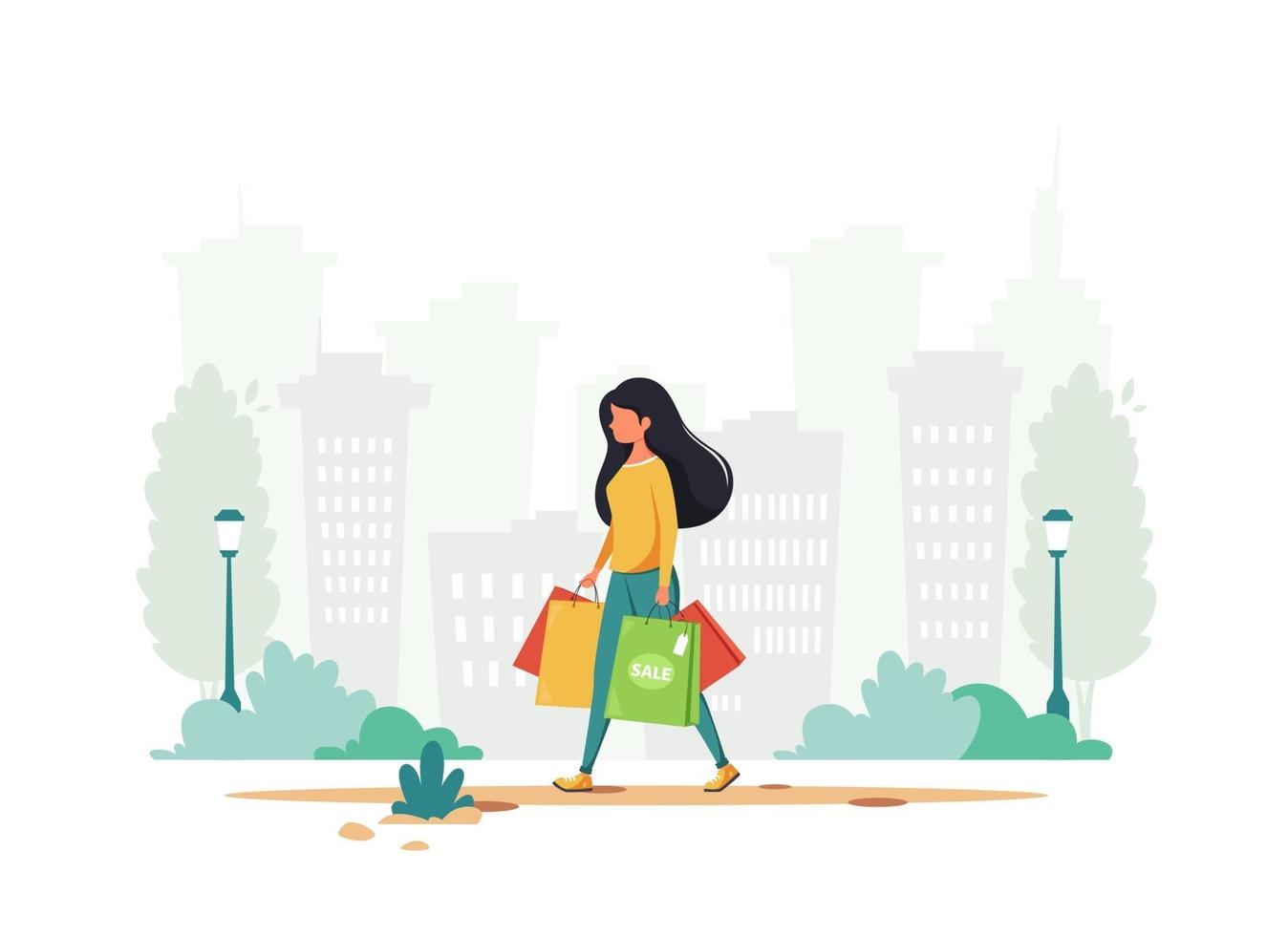 kvinna shopping i staden. urban livsstil. vektor illustration.