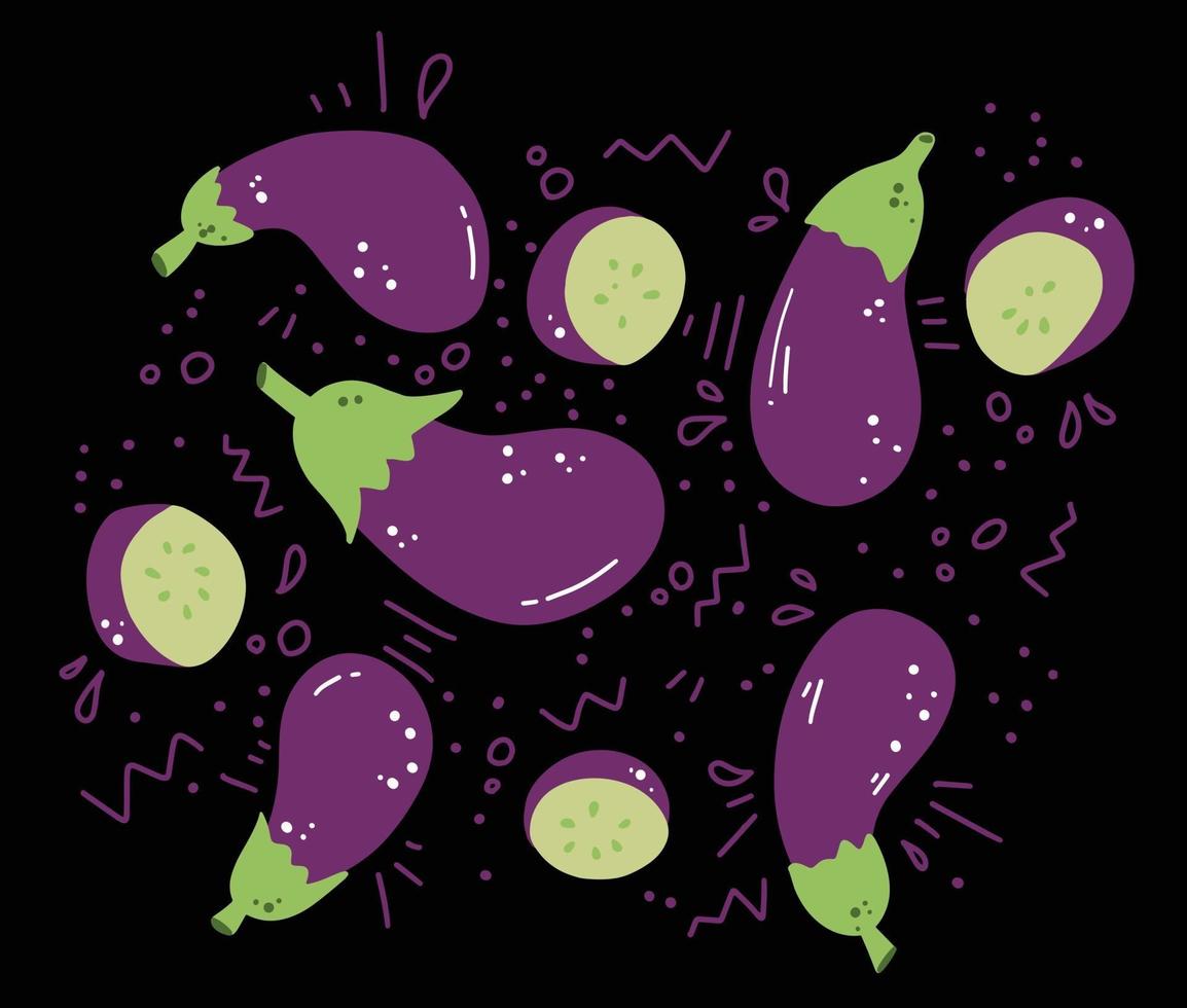 doodle set illustration med aubergine på svart bakgrund vektor