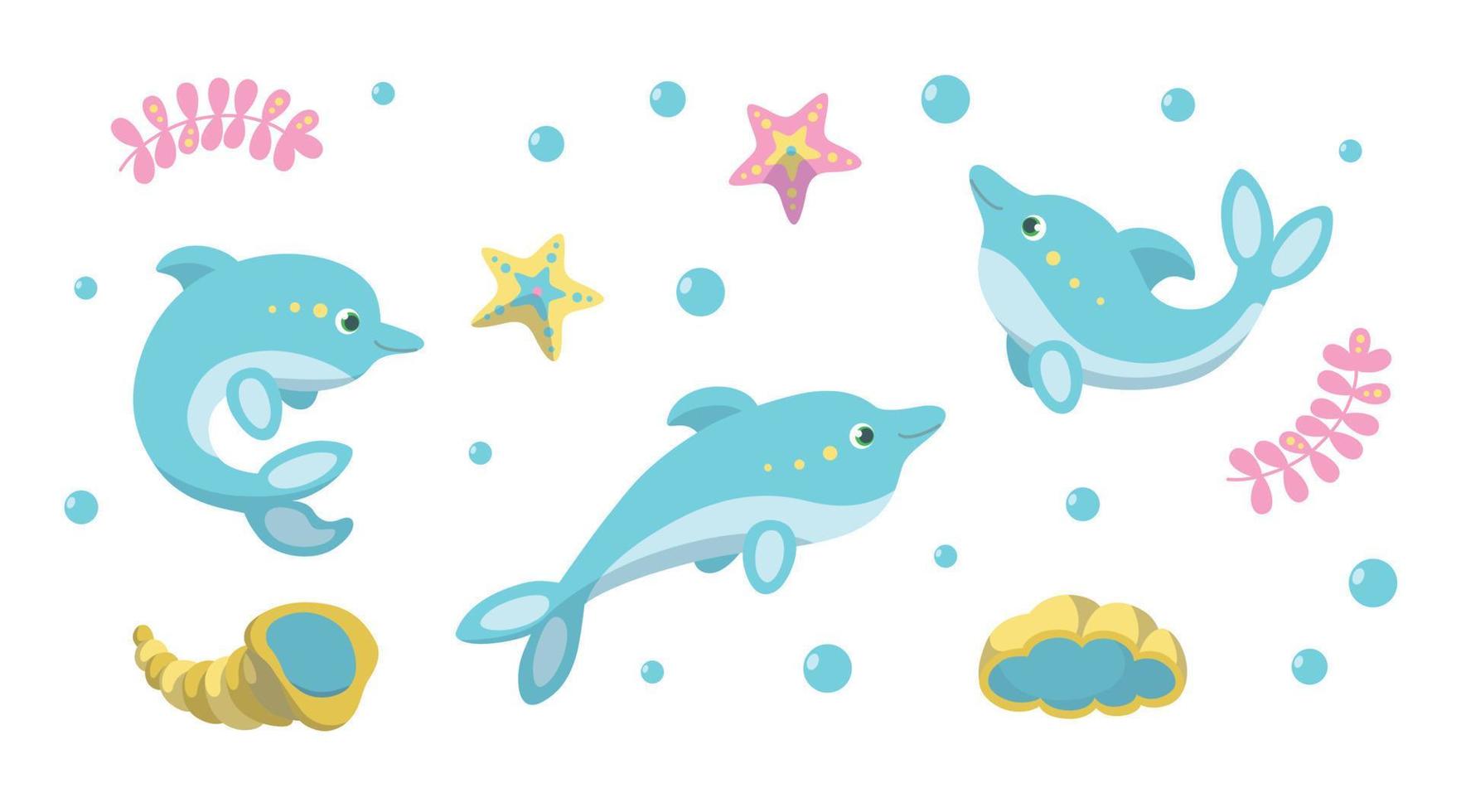 süß Delfine, Seesterne und Muscheln. Vektor Illustration