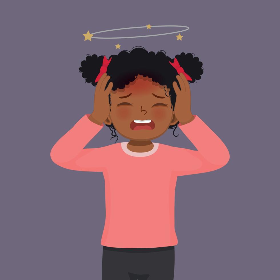 süß wenig afrikanisch Mädchen Gefühl schwindlig haben ein Kopfschmerzen mit Hand quetschen ihr Kopf vektor