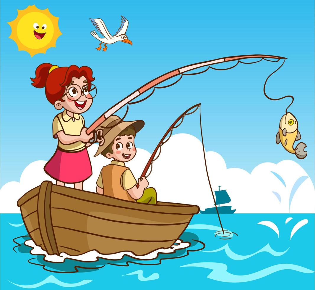 Kinder Angeln im das Meer Karikatur Vektor