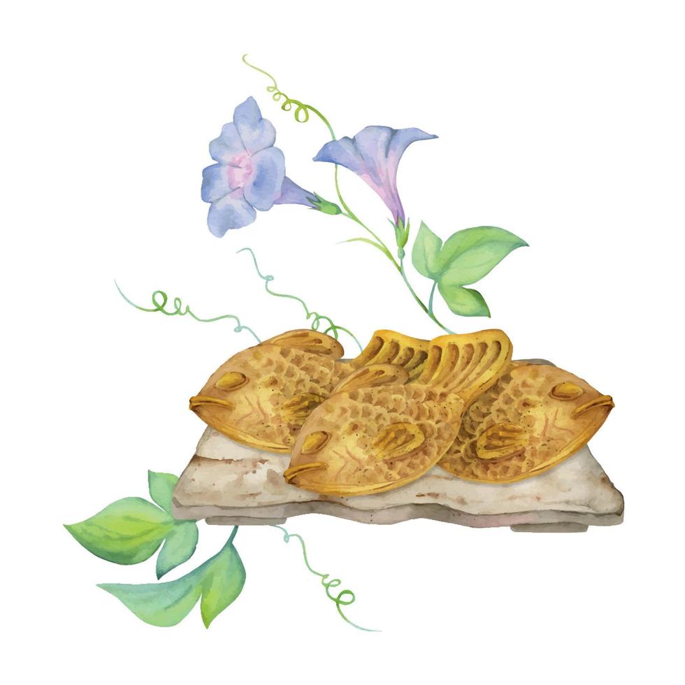 Aquarell Hand gezeichnet traditionell japanisch Süßigkeiten. Keramik Gericht, Sommer- Taiyaki, Blumen, Objekte. isoliert auf Weiß Hintergrund. Design zum Einladungen, Restaurant Speisekarte, Gruß Karten, drucken, Textil- vektor