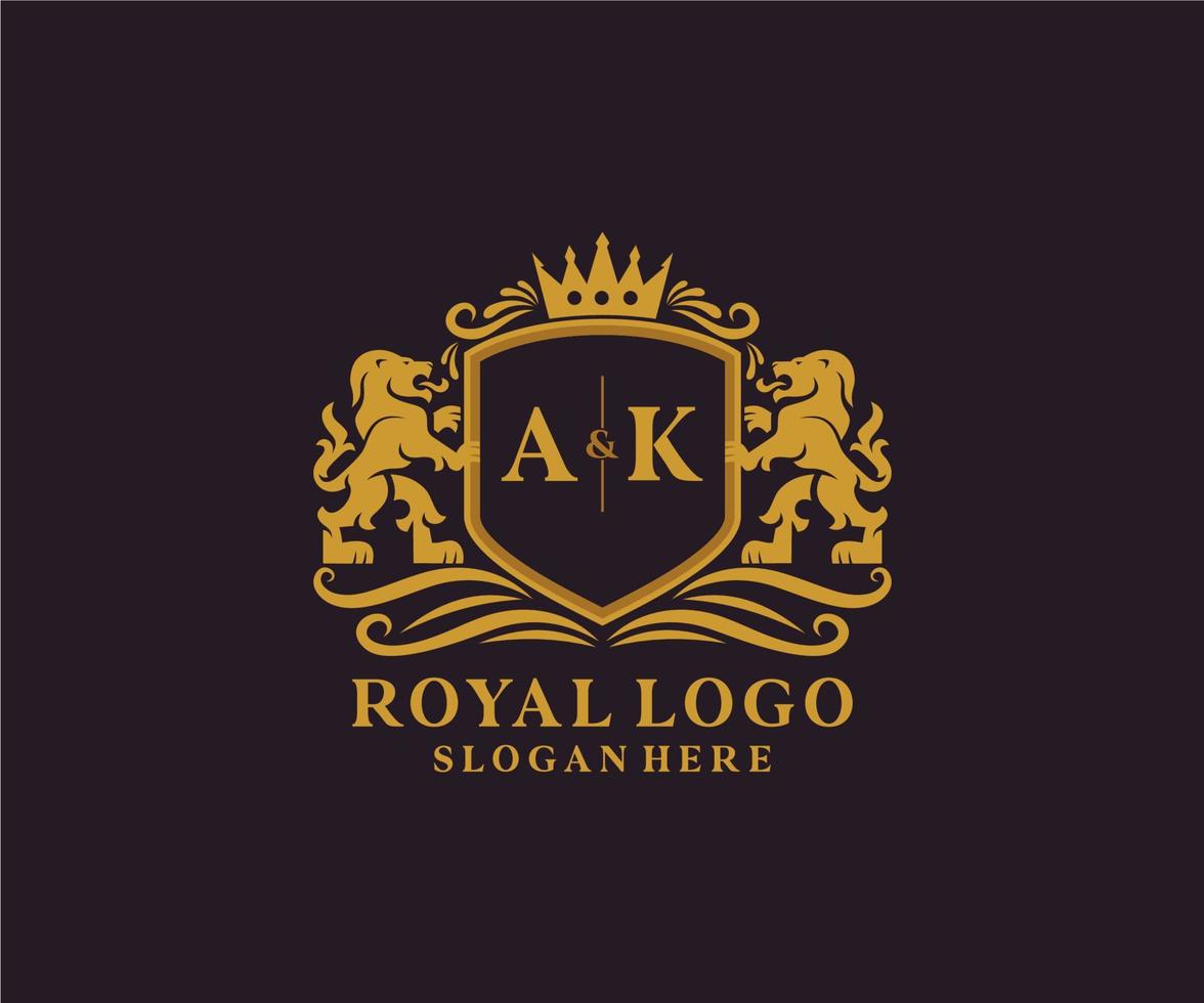 första ak brev lejon kunglig lyx logotyp mall i vektor konst för restaurang, kungligheter, boutique, Kafé, hotell, heraldisk, Smycken, mode och Övrig vektor illustration.