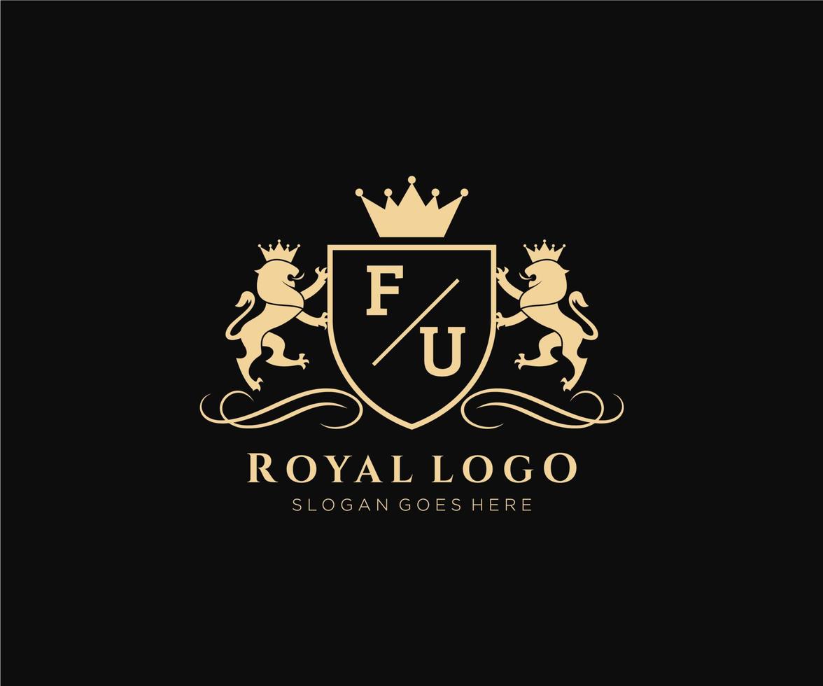 Initiale fu Brief Löwe königlich Luxus heraldisch, Wappen Logo Vorlage im Vektor Kunst zum Restaurant, Königtum, Boutique, Cafe, Hotel, heraldisch, Schmuck, Mode und andere Vektor Illustration.