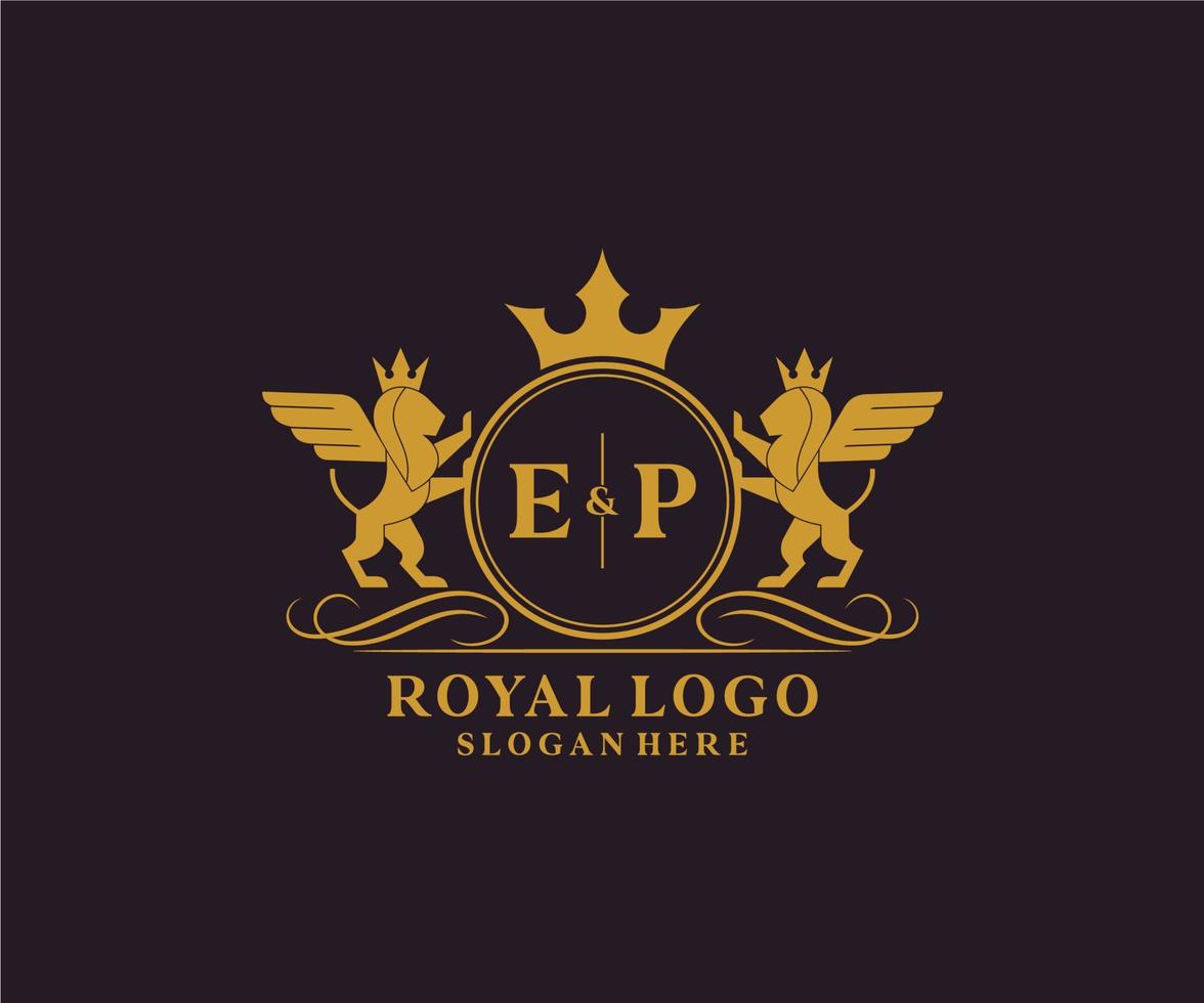 Initiale ep Brief Löwe königlich Luxus heraldisch, Wappen Logo Vorlage im Vektor Kunst zum Restaurant, Königtum, Boutique, Cafe, Hotel, heraldisch, Schmuck, Mode und andere Vektor Illustration.