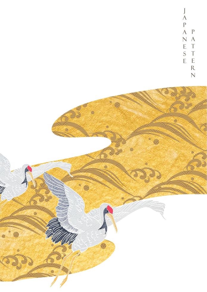 Gold Textur Dekoration mit Kran Vögel Elemente Vektor. asiatisch Hintergrund mit orientalisch Hintergrund eine solche wie Hand gezeichnet Welle Symbol im Jahrgang Stil. vektor