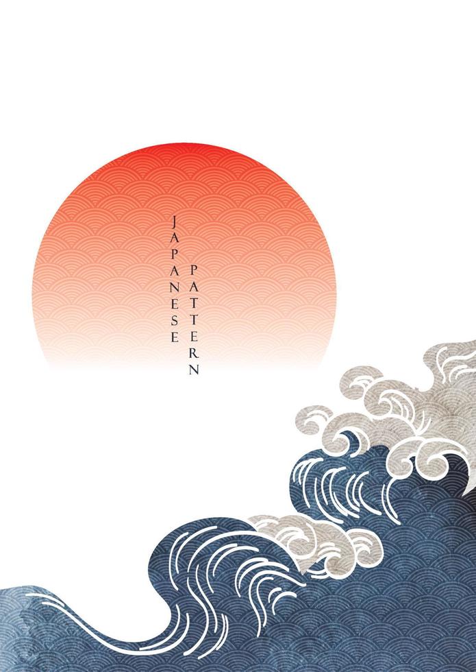 Sonne und Ozean Meer Dekoration mit japanisch Welle Muster Vektor. orientalisch Hintergrund mit Hand gezeichnet Banner Design im Jahrgang Stil. vektor