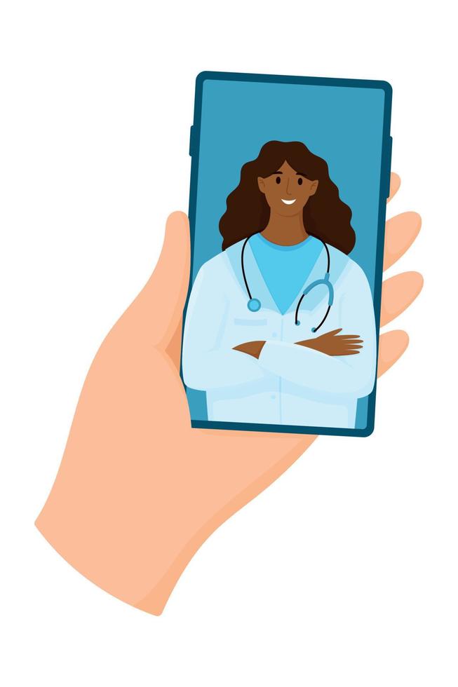 Telemedizin Konzept. Hand halten Smartphone mit online Klinik App. Video Anruf mit weiblich schwarz Arzt vektor