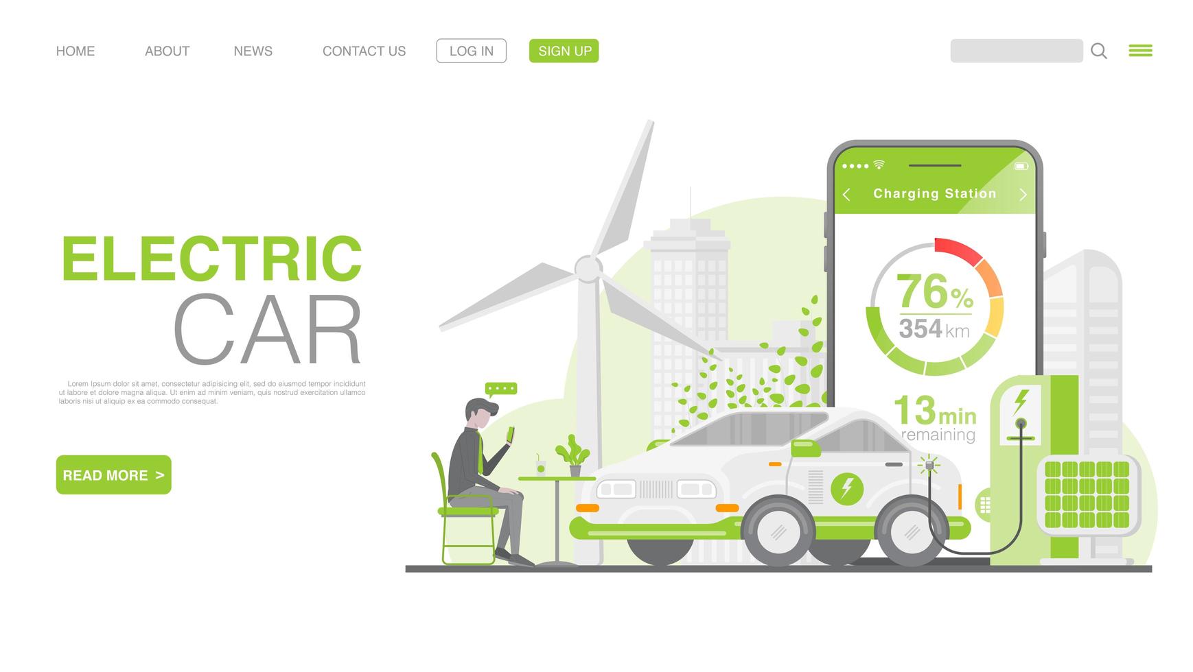 ev Auto oder Elektroauto an der Ladestation. Konzeptillustration für grüne Umwelt. Landingpage im flachen Stil. Vektor eps 10