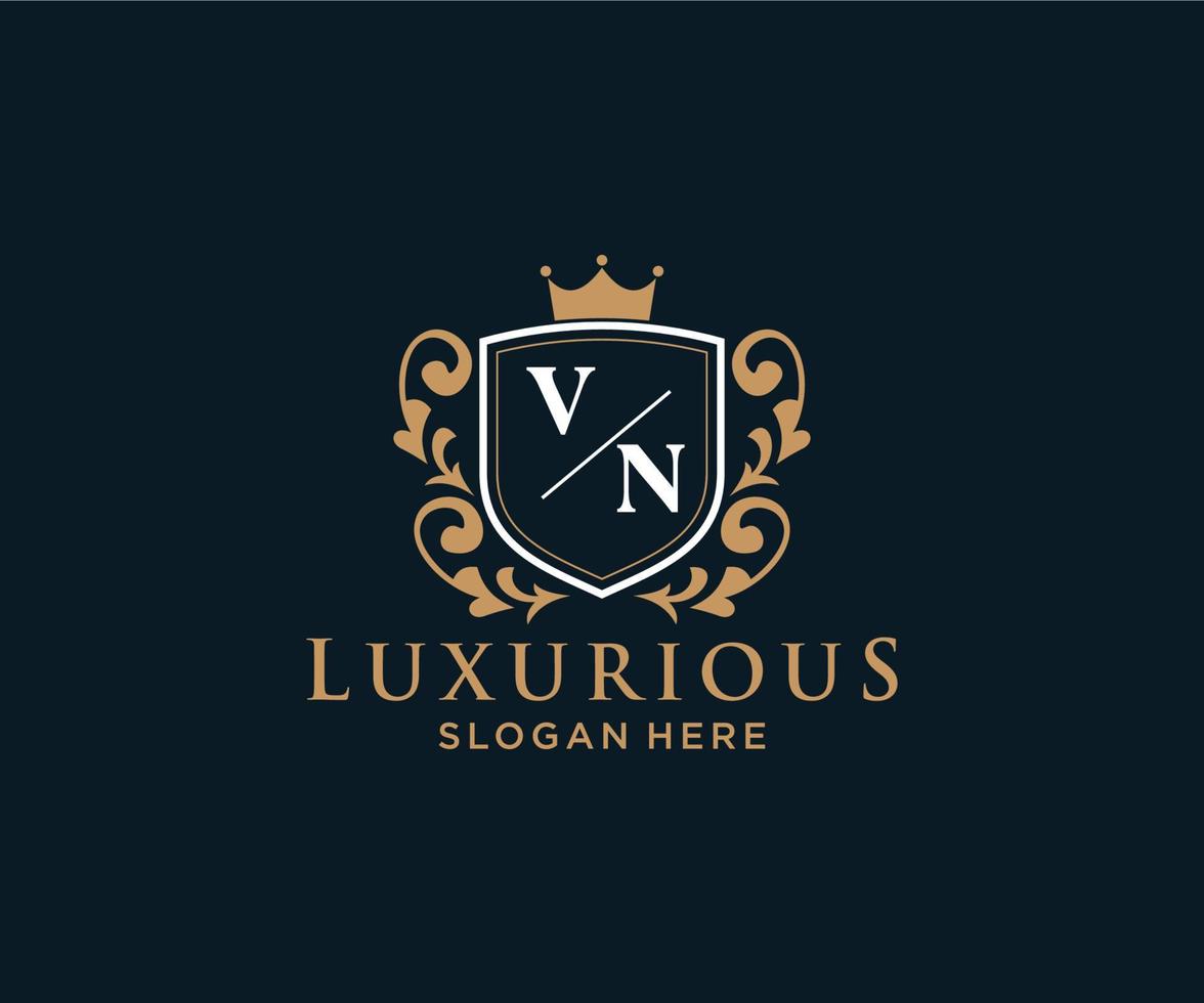 Royal Luxury Logo-Vorlage mit anfänglichem VN-Buchstaben in Vektorgrafiken für Restaurant, Lizenzgebühren, Boutique, Café, Hotel, Heraldik, Schmuck, Mode und andere Vektorillustrationen. vektor