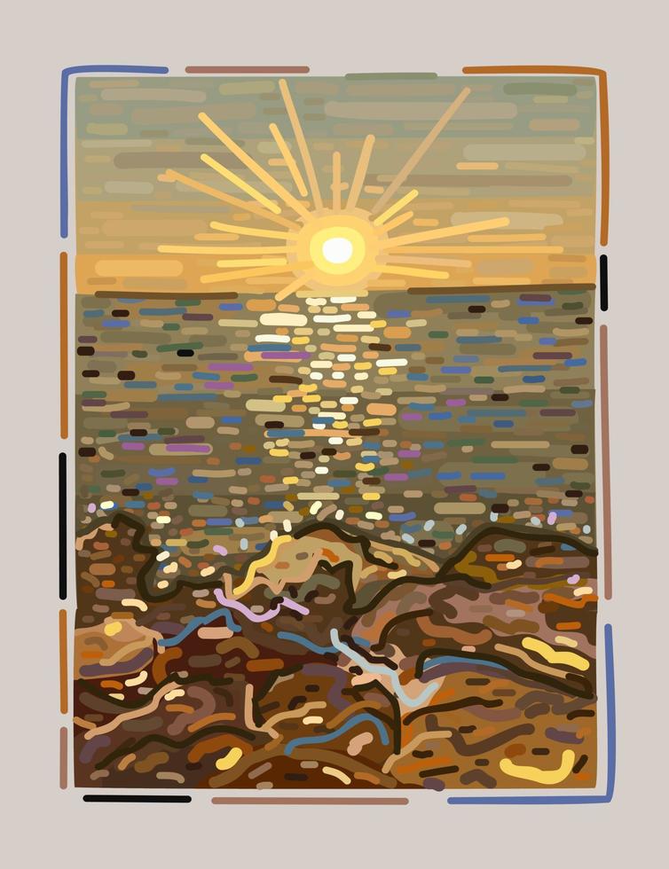 vektor landskap med enkel ram. stranden. solnedgång nära de hav.