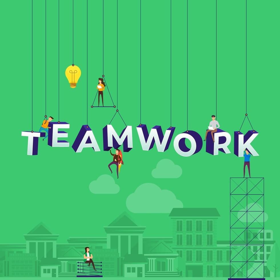 Team hart bei der Arbeit das Wort Teamwork zu konstruieren vektor