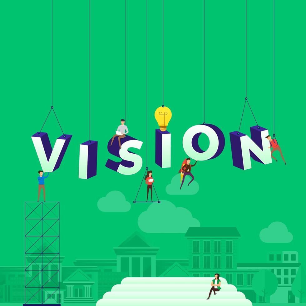 Team arbeitet hart daran, das Wort Vision zu konstruieren vektor