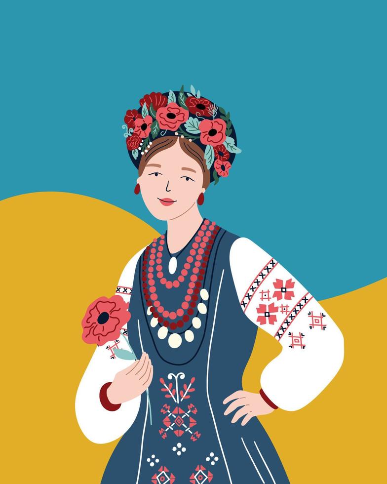 ukrainisch schön Frau im traditionell einheimisch Kleidung, das Volk Kostüm mit Mohn und Kranz auf das Hintergrund von ein Blau Gelb Hintergrund vektor