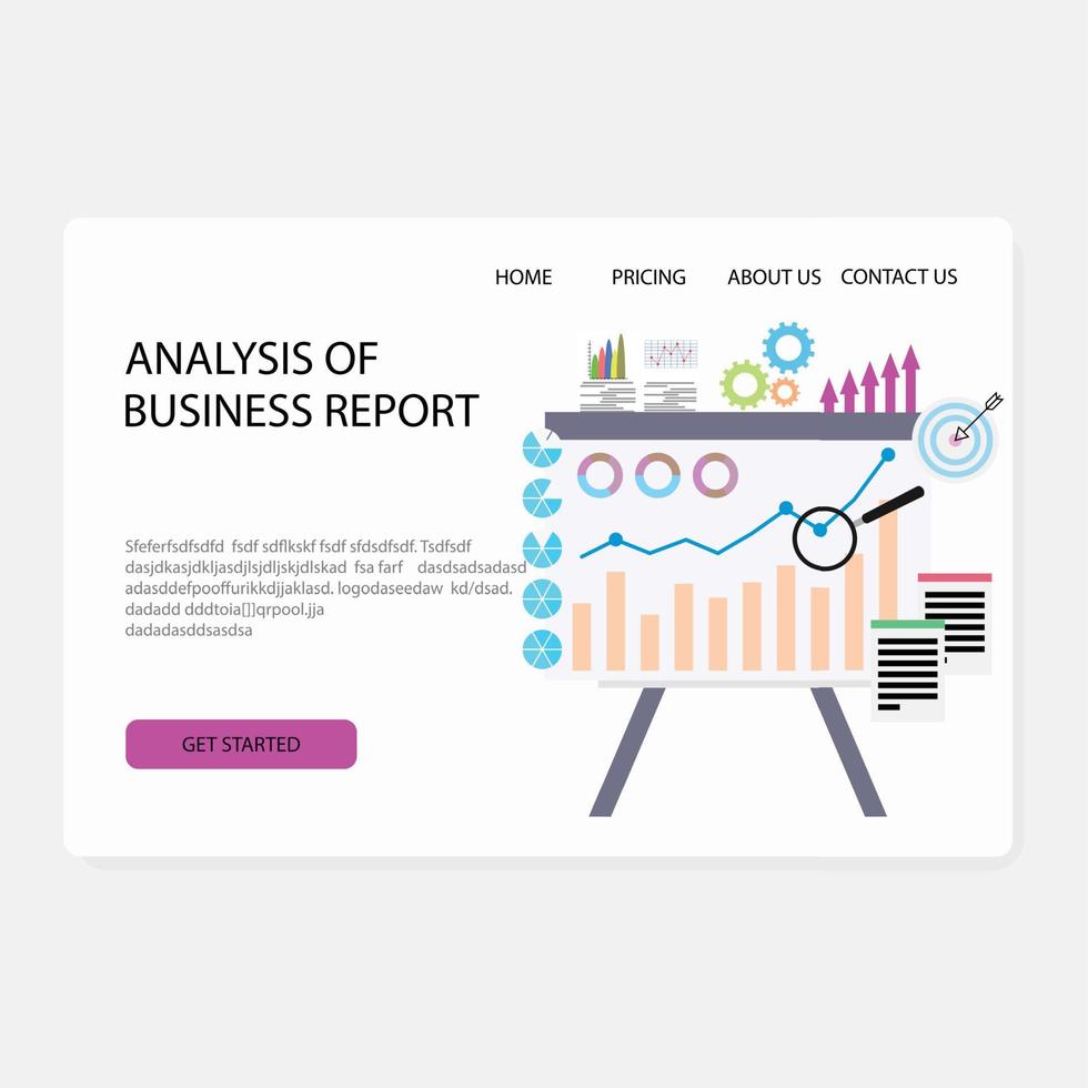Analyse von Geschäft Bericht Grafik Landung Buchseite. Vektor Daten Diagramm Technologie Illustration, finanziell Marketing und Finanzen Graph