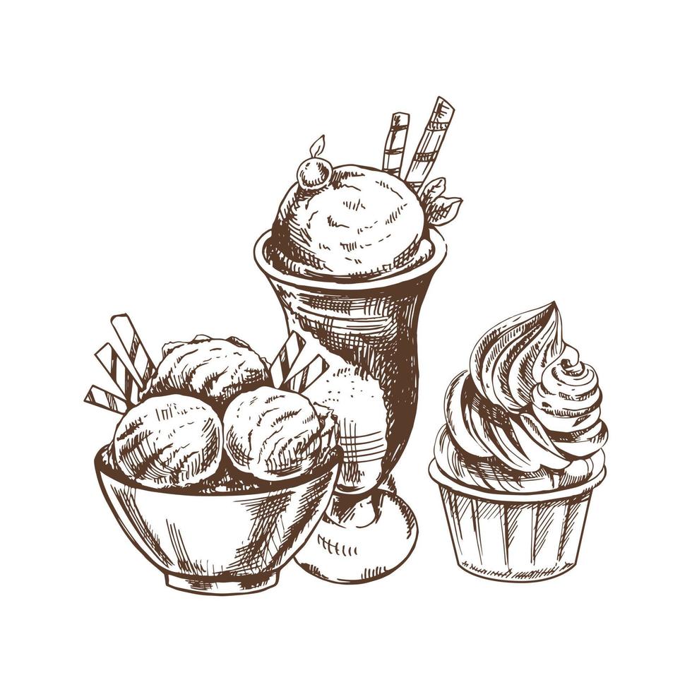 en ritad för hand skiss av is grädde bollar i en kopp, frös yoghurt. årgång illustration. element för de design av etiketter, förpackning och vykort. vektor