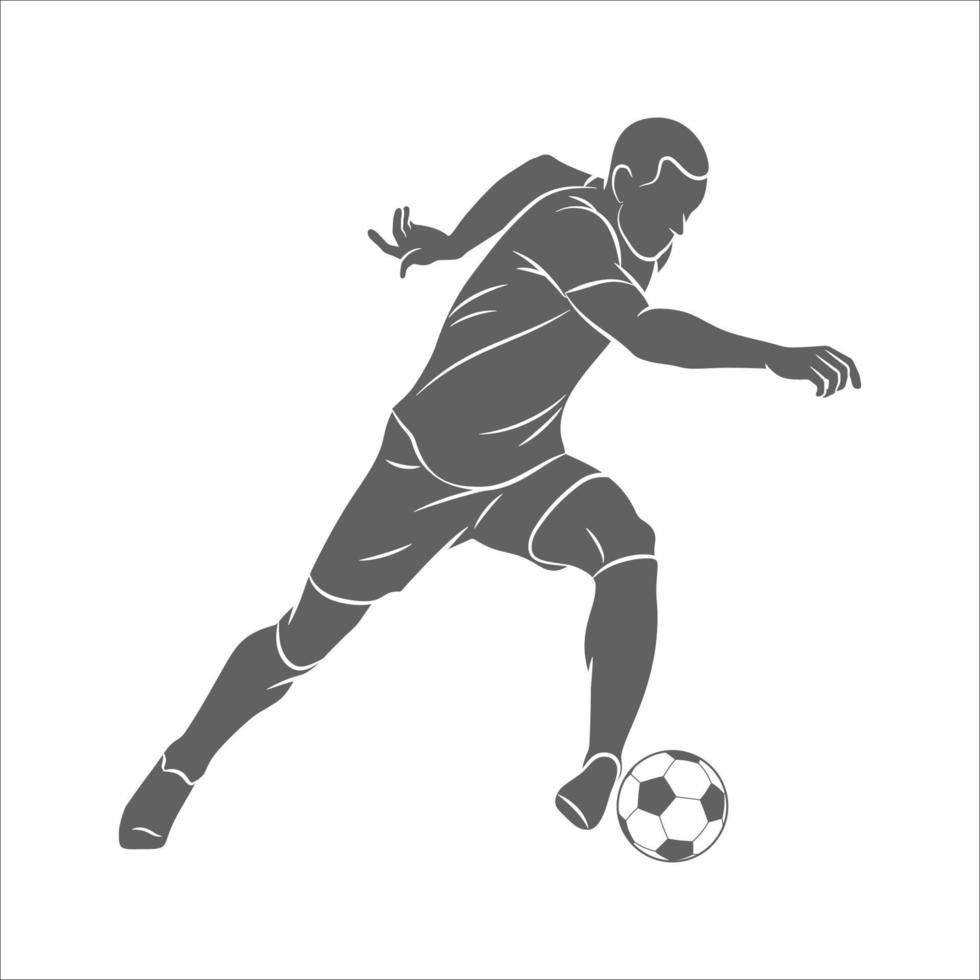 siluettfotbollsspelare som kör med bollen på en vit bakgrund. vektor illustration