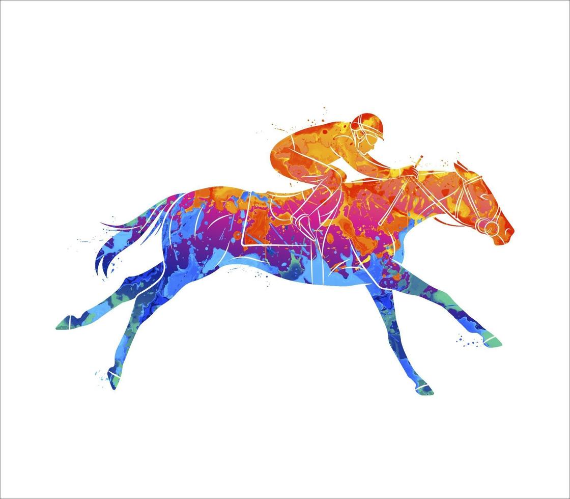 abstraktes Rennpferd mit Jockey vom Spritzen der Aquarelle. Pferdesport. Vektorillustration von Farben vektor