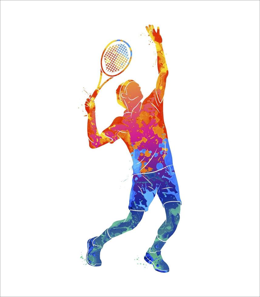 abstrakter Tennisspieler mit einem Schläger aus Aquarell. Vektorillustration von Farben vektor