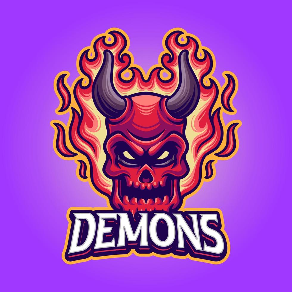 demon huvud med flamma maskot logotyp mall vektor