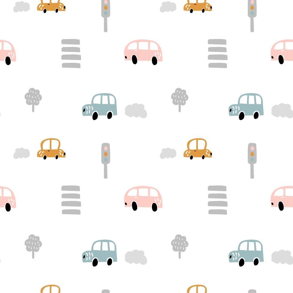 Vektor Pastellfarbe Gekritzel skandinavischen Autos mit Zebrastreifen und Ampeln. nahtloses Baby-Muster. Textur für Tapeten, Füllungen, Webseitenhintergrund