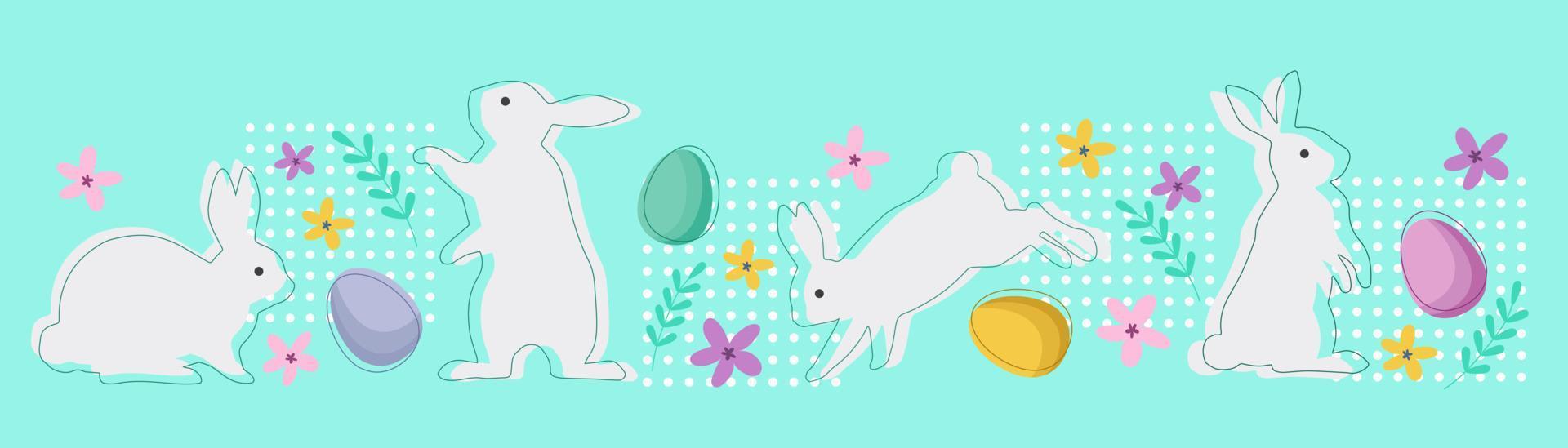 påsk bakgrund med kaniner, ägg och blommor. vektor design.