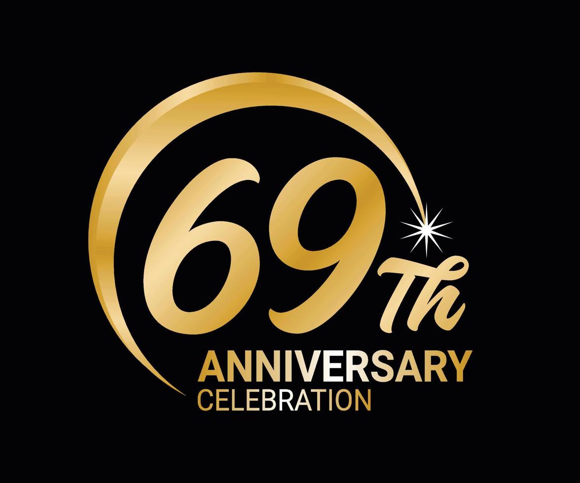 69 .. Jahrestag Ordinal- Nummer Zählen Vektor Kunst Illustration im atemberaubend Schriftart auf Gold Farbe auf schwarz Hintergrund