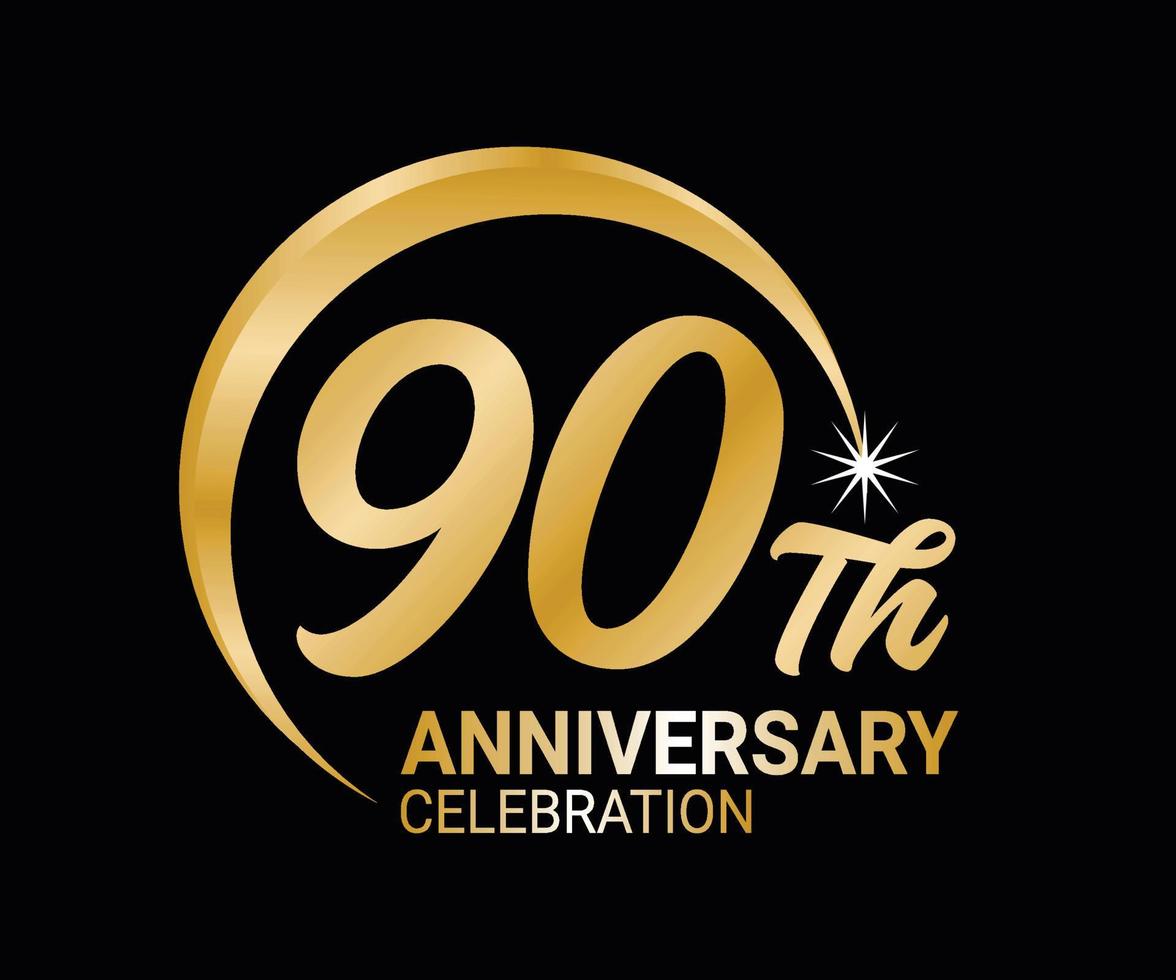 90 .. Jahrestag Ordinal- Nummer Zählen Vektor Kunst Illustration im atemberaubend Schriftart auf Gold Farbe auf schwarz Hintergrund