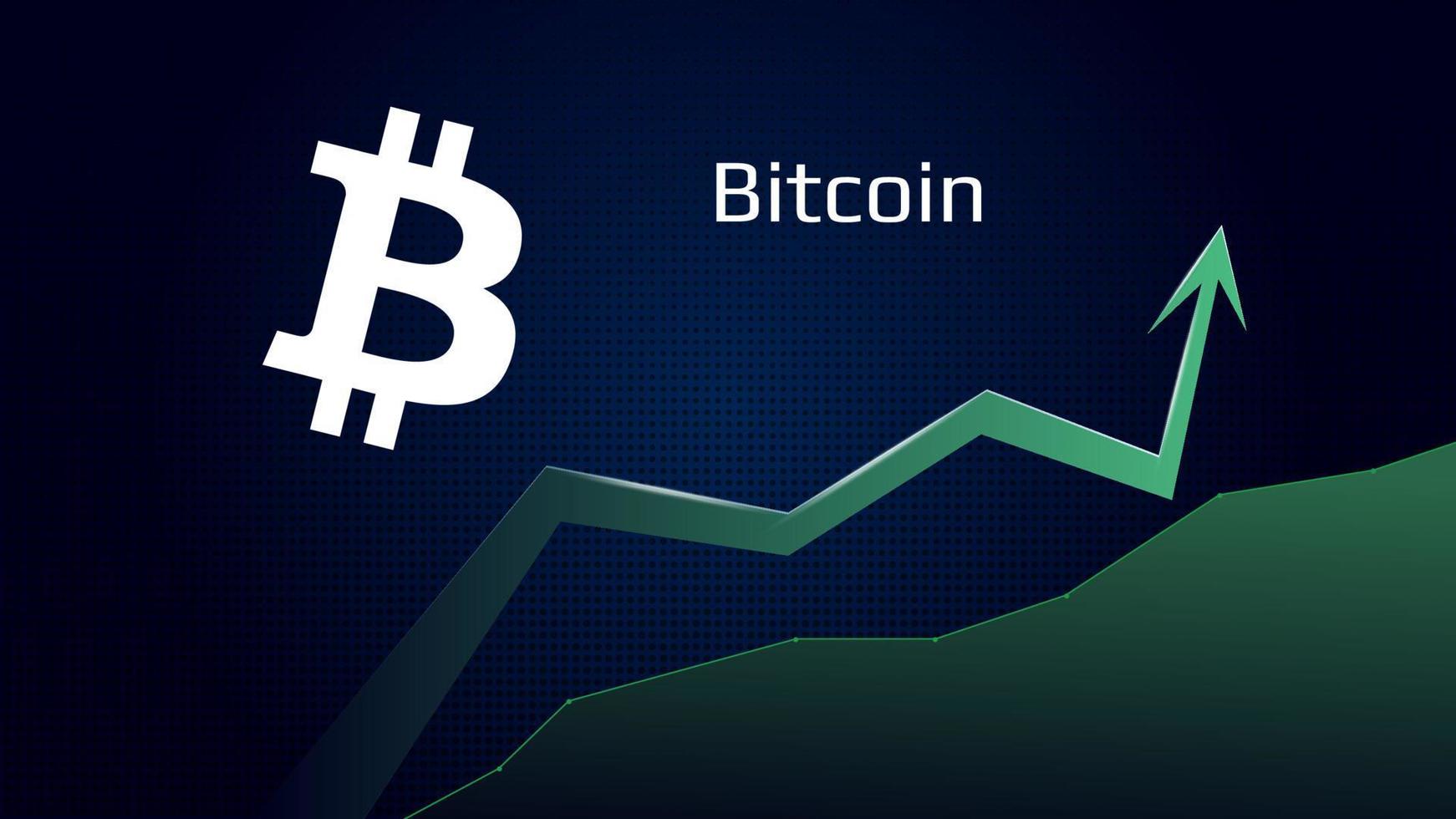 bitcoin BTC i trend uppåt och pris är stigande. crypto mynt symbol och grön upp pil. ta bort flugor till de måne. vektor illustration.