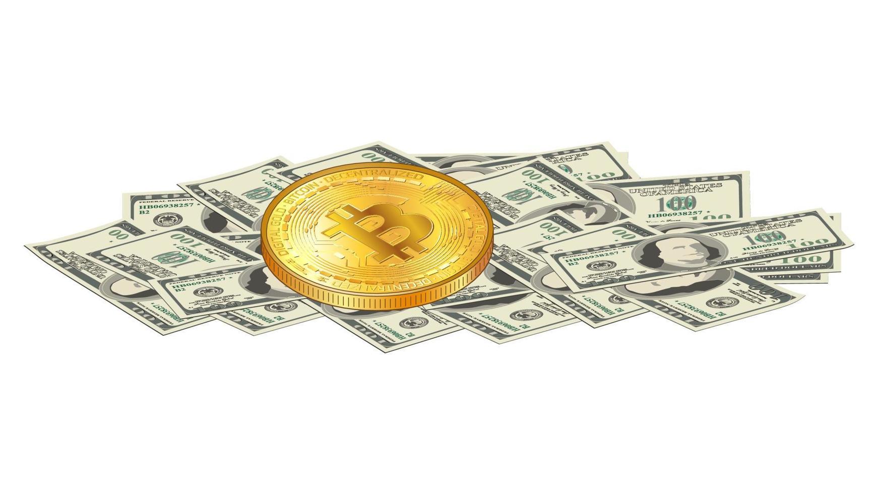 detailliert Gold Bitcoin Münze Lügen auf ein Stapel von Papier 100 uns Dollar Banknoten isoliert auf Weiß. Digital Gold Über Kasse Geld. Vektor Illustration.