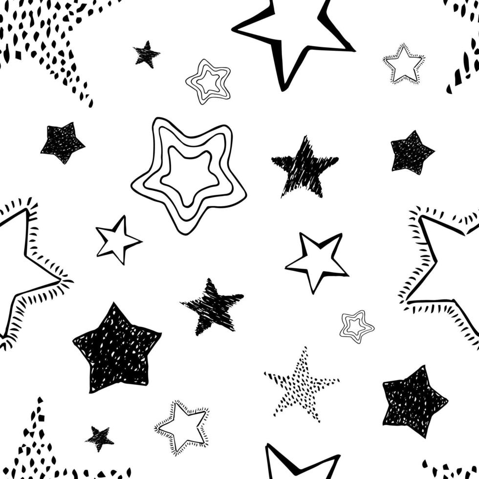 sömlös bakgrund av klotter stjärnor. svart hand dragen stjärnor på vit bakgrund. vektor illustration