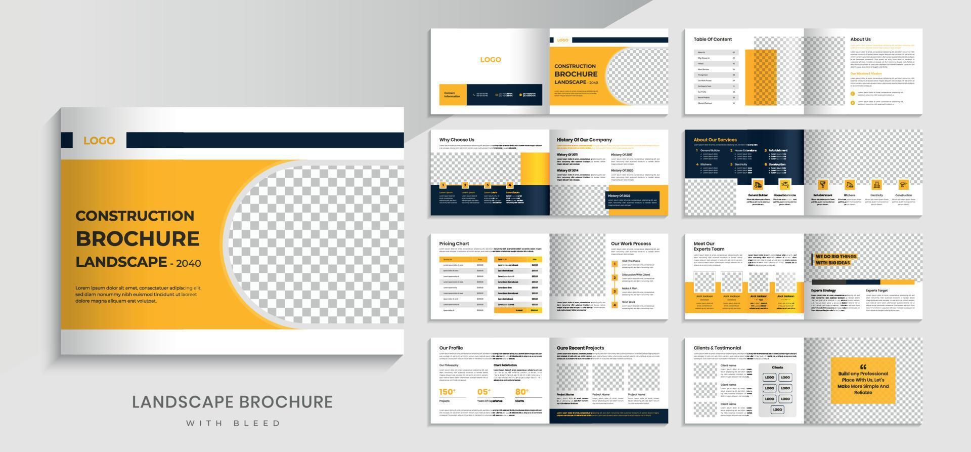 konstruktion landskap företag profil broschyr design. 16 sidor layout broschyr mall. vektor