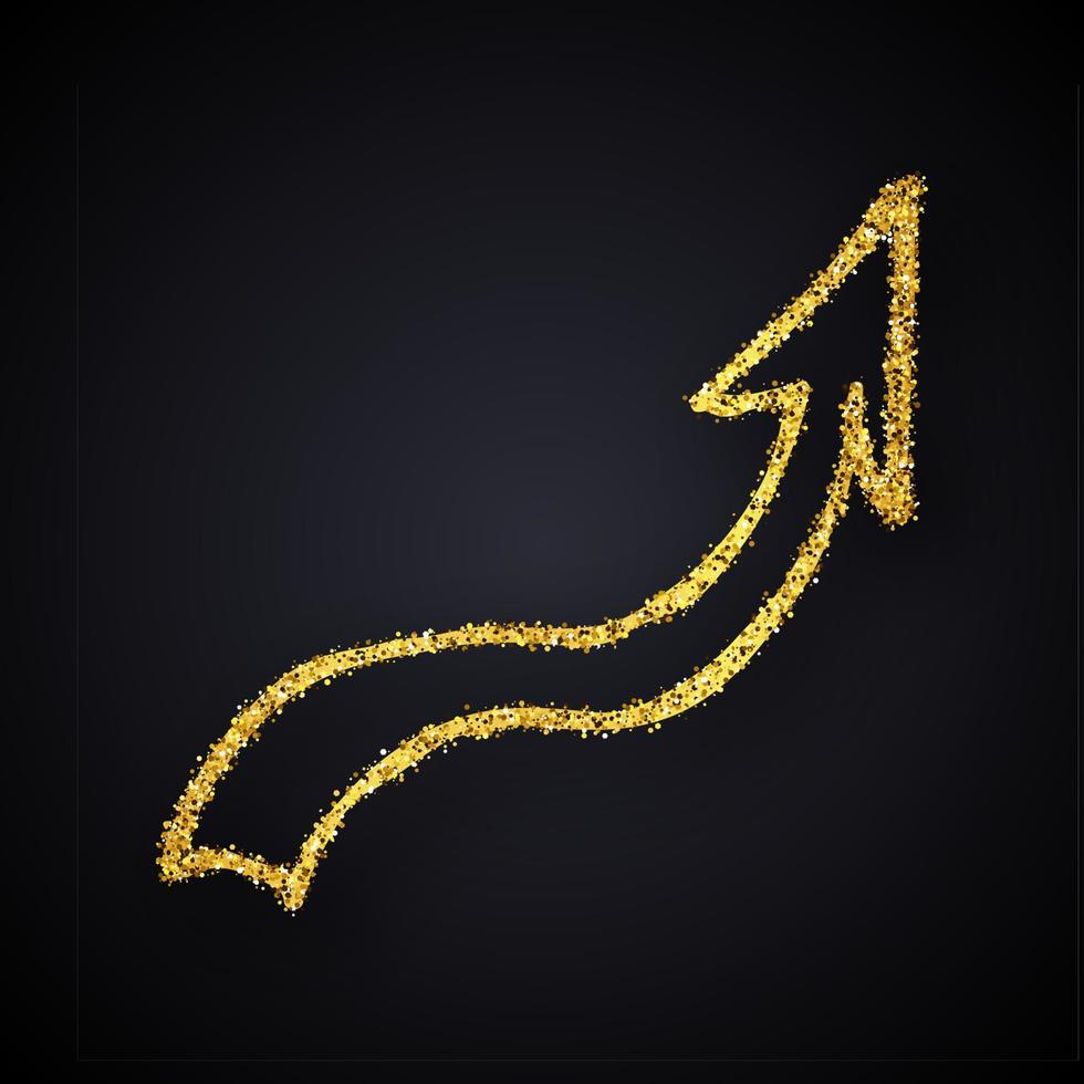 guld glitter hand dragen pil. klotter pil med guld glitter effekt på mörk bakgrund. vektor illustration