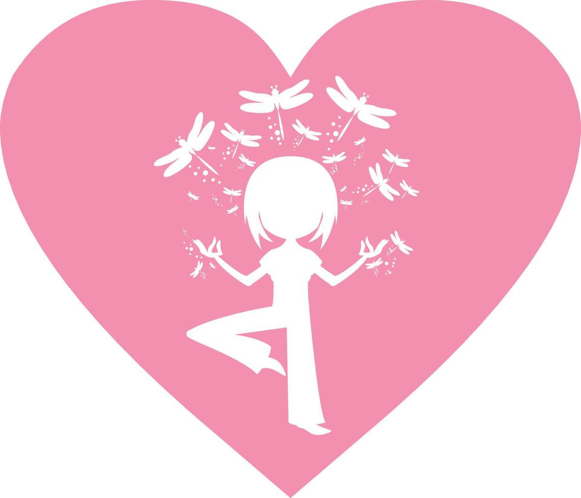 süß Karikatur Yoga Mädchen mit Libellen im Herz Illustration vektor