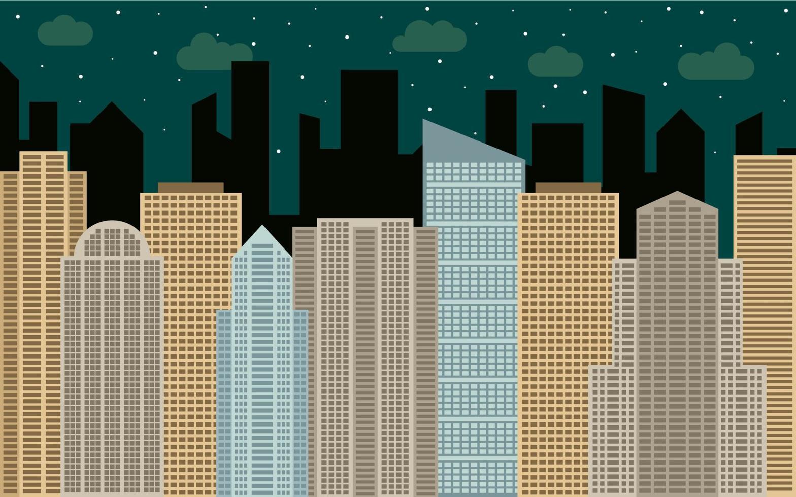 natt urban landskap. gata se med stadsbild, skyskrapor och modern byggnader på solig dag. stad Plats i platt stil bakgrund begrepp. vektor