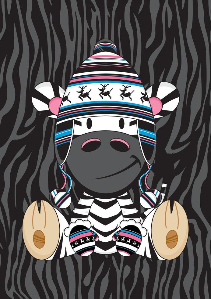 tecknad serie förtjusande zebra i wooly ren hatt och vantar illustration vektor