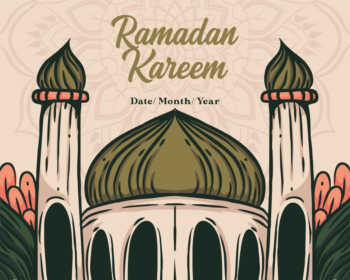 baner baground med ett islamic tema till fira ramadan. vektor illustration av tecknad serie moské med hand dragen