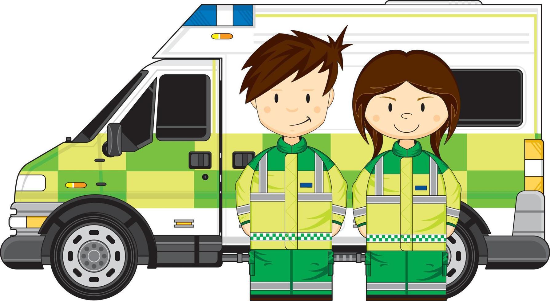 söt tecknad serie brittiskt paramedics med ambulans vektor
