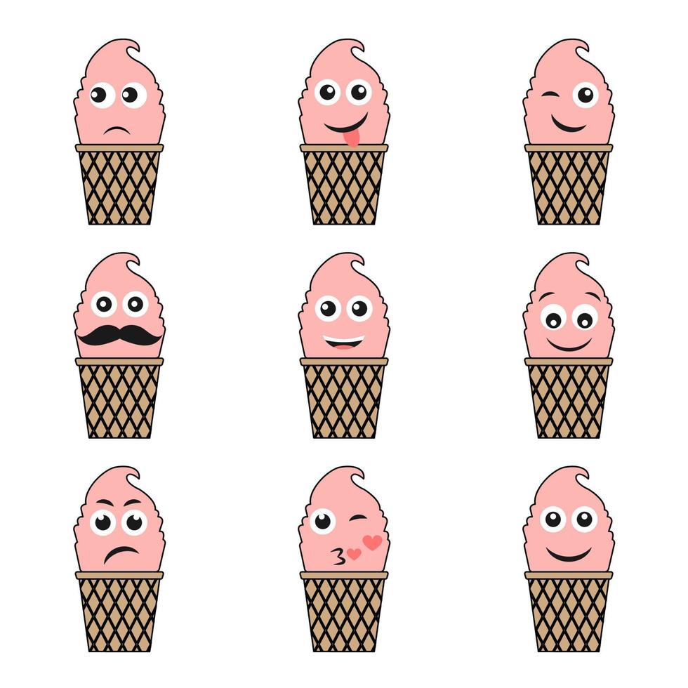 uppsättning av nio rosa emoji is grädde med annorlunda tecken på vit bakgrund. vektor illustration
