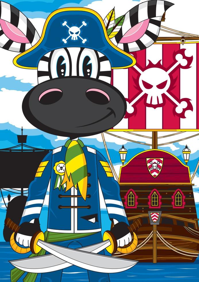 tecknad serie skrävlande zebra pirat kapten med örlogsfartyg illustration vektor