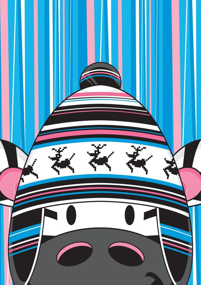 tecknad serie förtjusande zebra i wooly hatt på randig bakgrund illustration vektor