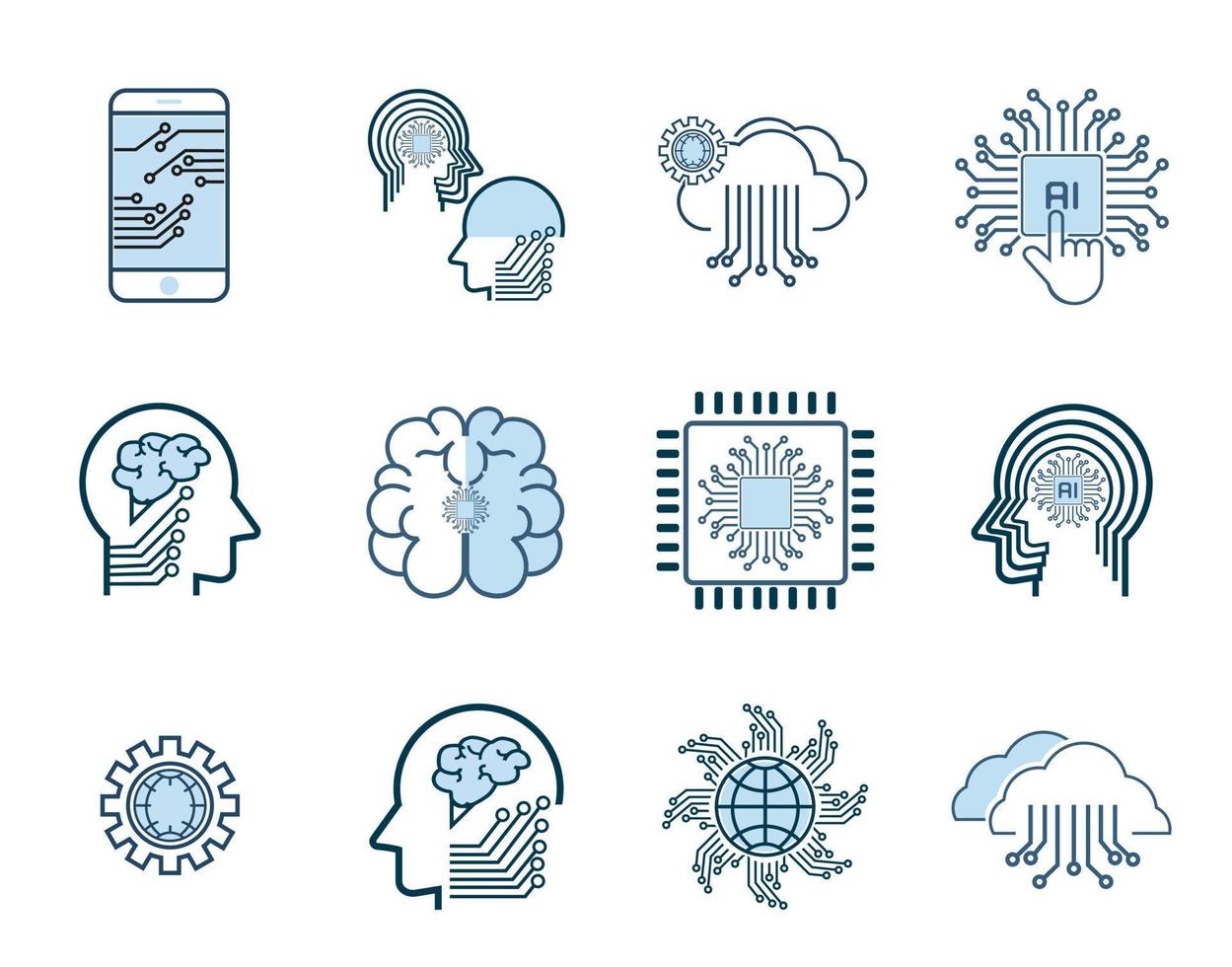 uppsättning av artificiell intelligens-ai ikoner, symboler vektor design, vektor linje ikoner, ansikte erkännande, android, humanoid robot, tänkande maskin. redigerbar stroke