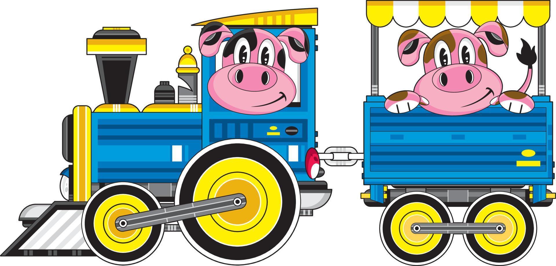söt tecknad serie gris körning tåg med transport vektor