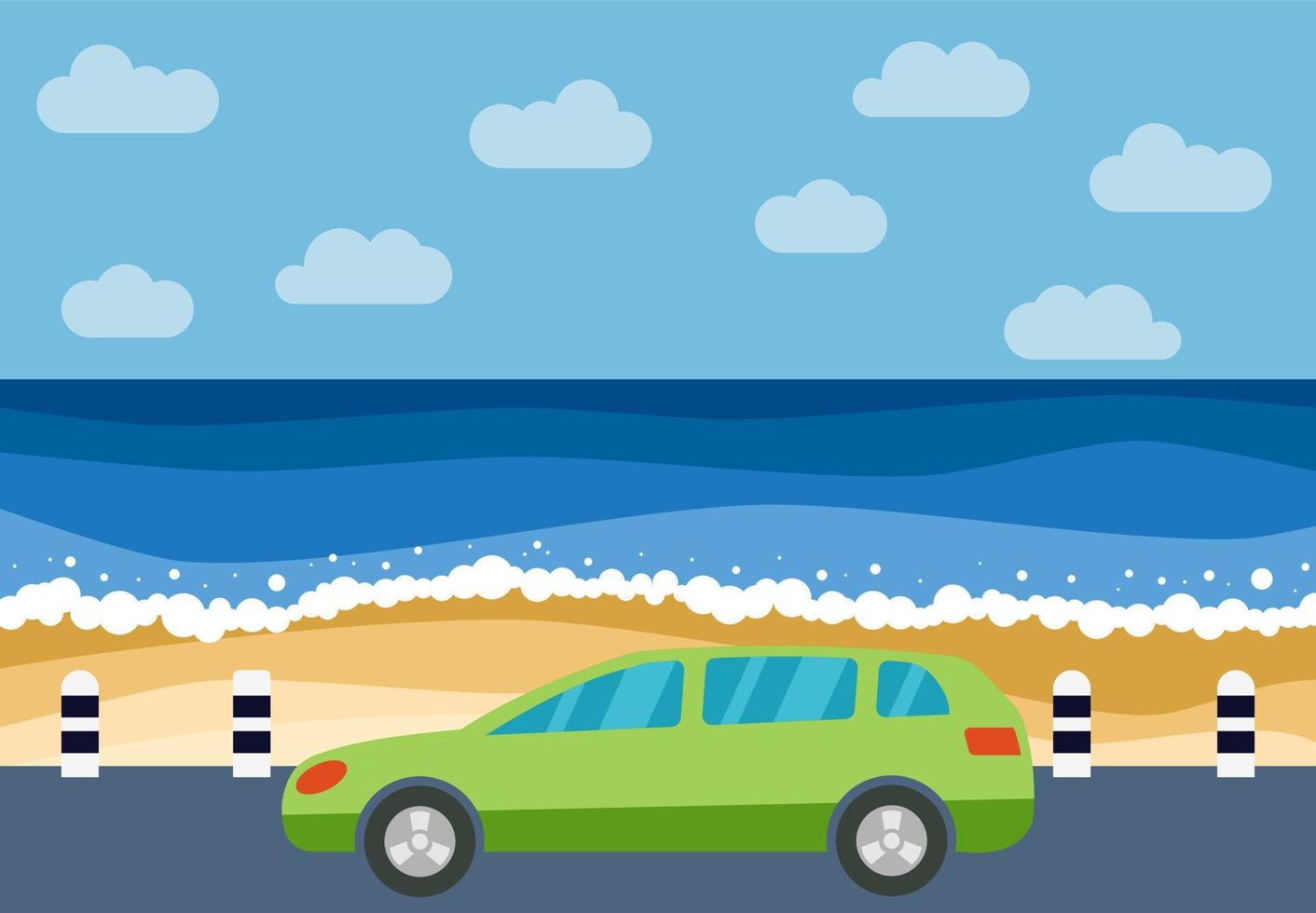 grön bil på de väg mot de bakgrund av de hav. vektor illustration.