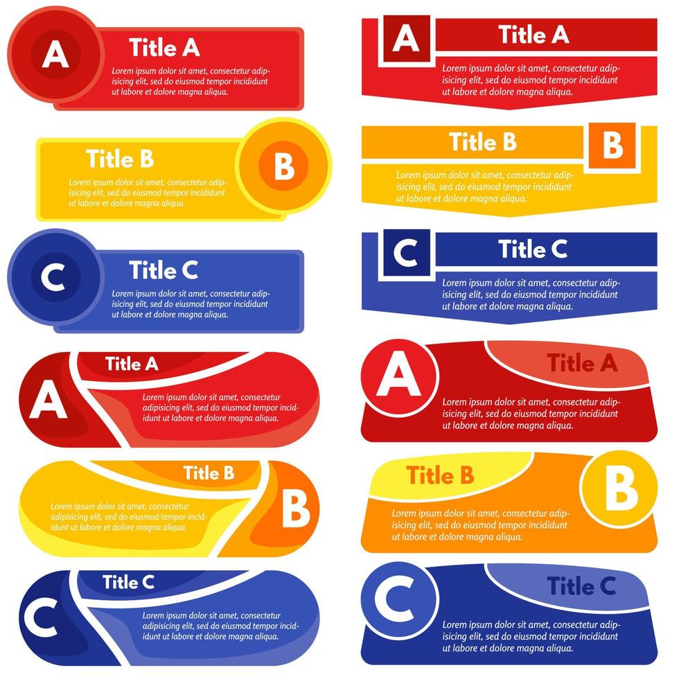 vier setzt von drei Elemente von Infografik Design. Schritt durch Schritt Infografik Design Vorlage. Vektor Illustration