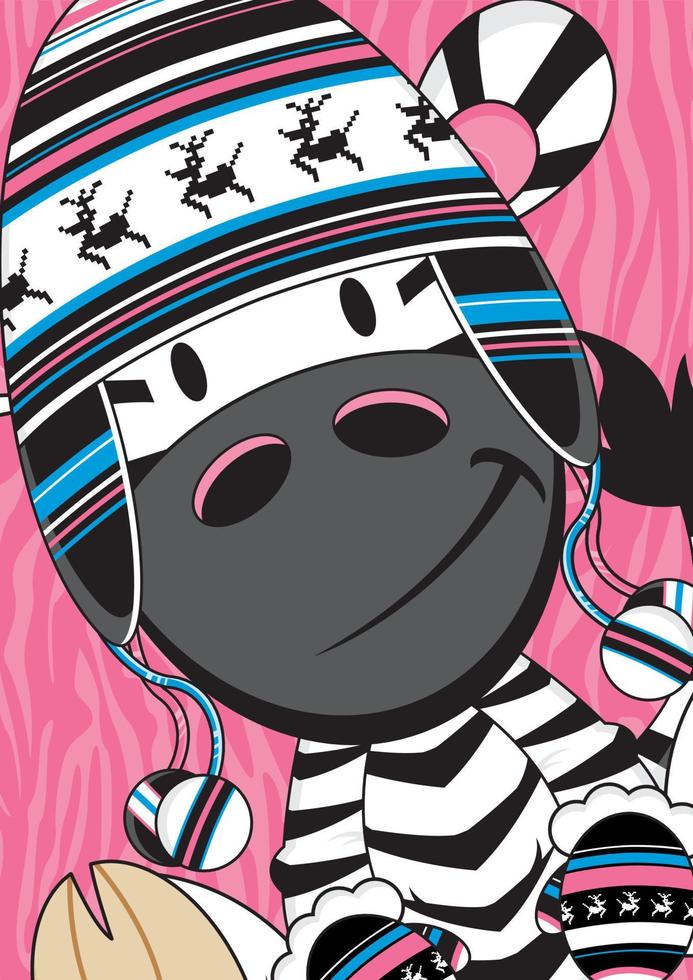 tecknad serie förtjusande zebra i wooly ren hatt och vantar illustration vektor