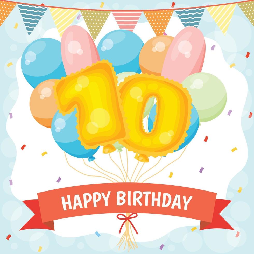 Grattis på födelsedagen firande kort med nummer 10 ballonger vektor