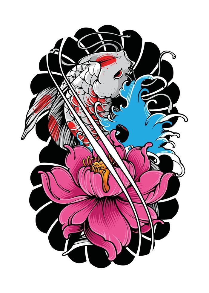 Koi Fisch mit japanisch Welle und Blumen tätowieren japanisch Illustration Stil isoliert Vektor. editierbar Schicht und Farbe. vektor