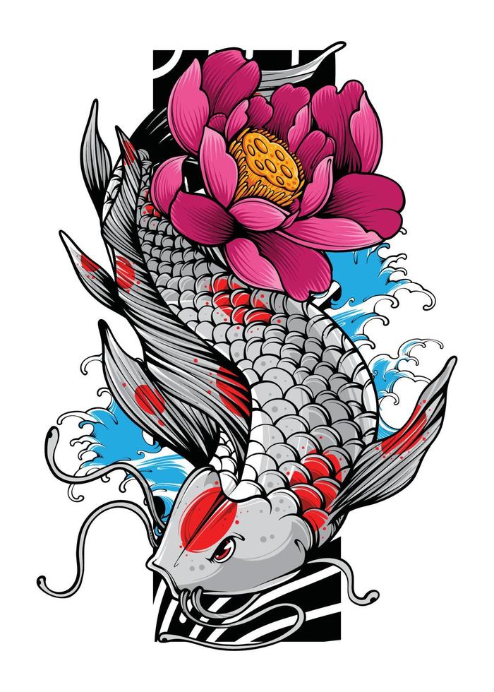 koi fisk med japansk Vinka och blommor tatuering japansk illustration stil isolerat vektor. redigerbar lager och Färg. vektor