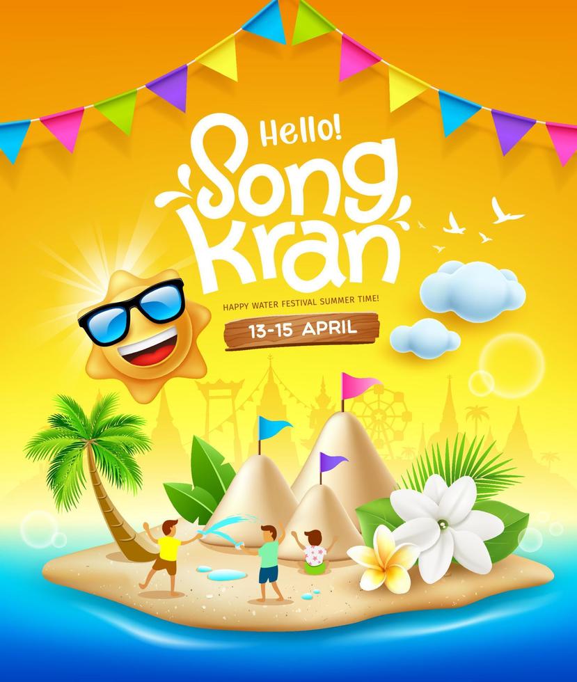 Songkran Festival Thailand, thailändisch Blumen mit Kind spielen Wasser spritzen, Sonne lächeln, Sand Pagode, bunt Flagge, Poster Design auf Blau und Gelb Hintergrund, eps 10 Vektor Illustration